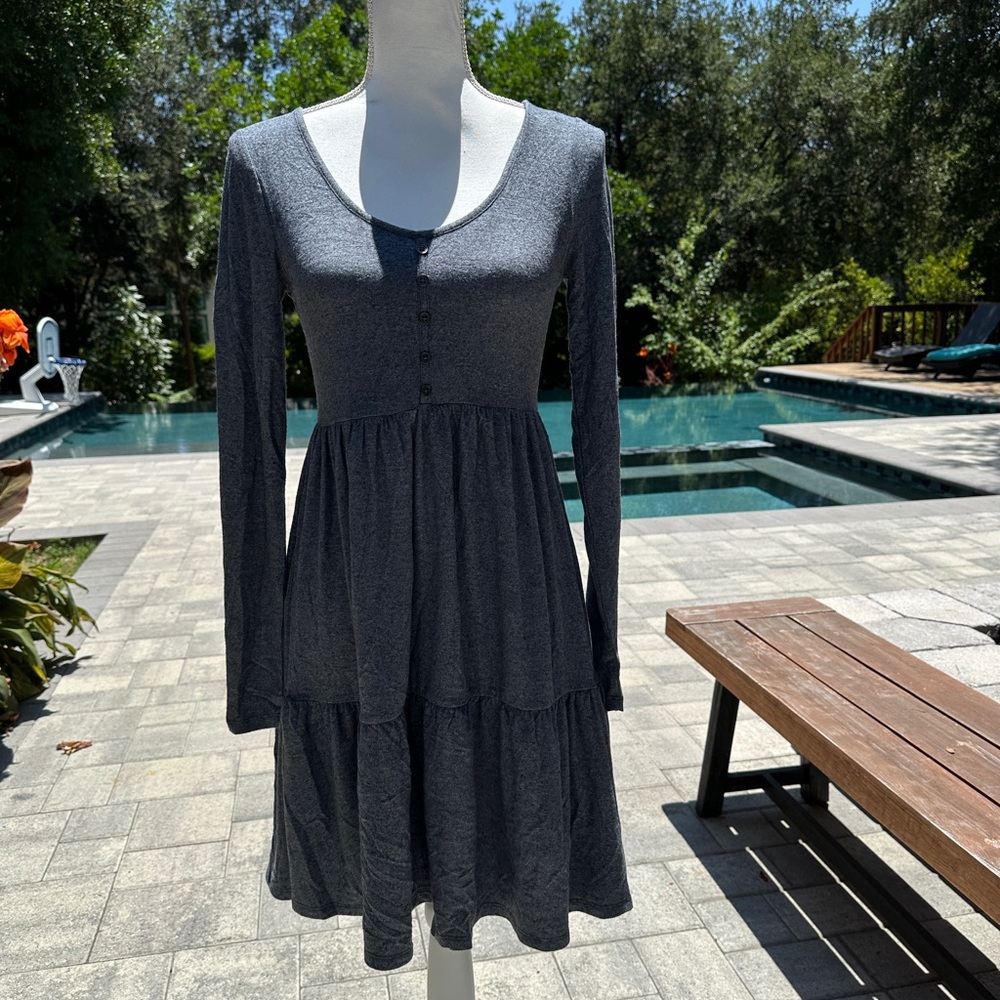 Soft Grey Knit Long Sleeve Babydoll Dress